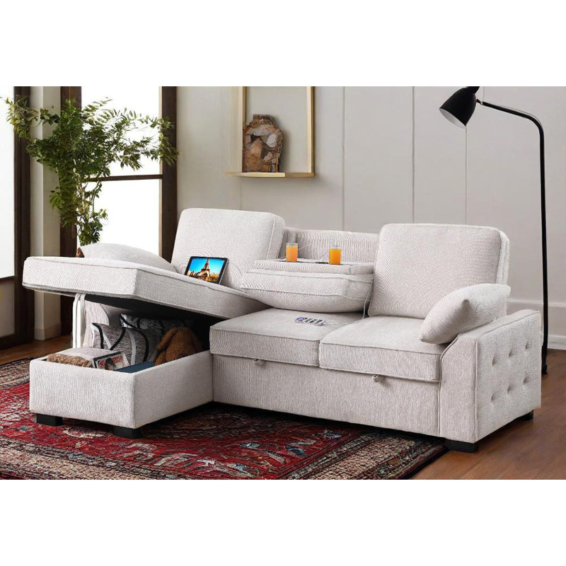 91" Chenille Convertible Sectional Sofa with Pull-Out Sleeper, Storage Chaise, Cup Holders & USB Charging, White
