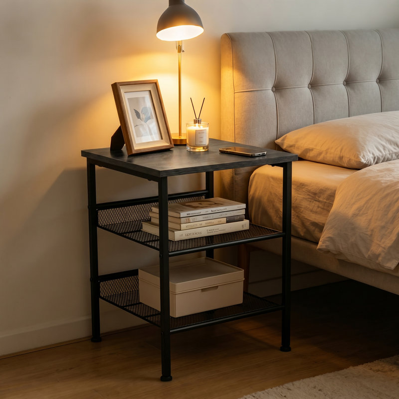 Ensemble de 2 tables de bout industrielles à 3 niveaux - Structure en métal robuste, tablettes en filet, design carré peu encombrant - Parfait pour le salon ou la chambre à coucher - Tables d'appoint rustiques durables - Gris foncé