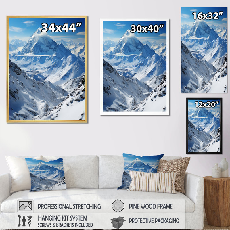 Winter Snowy Peaks VI, reproduction d'art sur toile, Cadre simple noir, H 32 po x l 24 po x P 1 po
