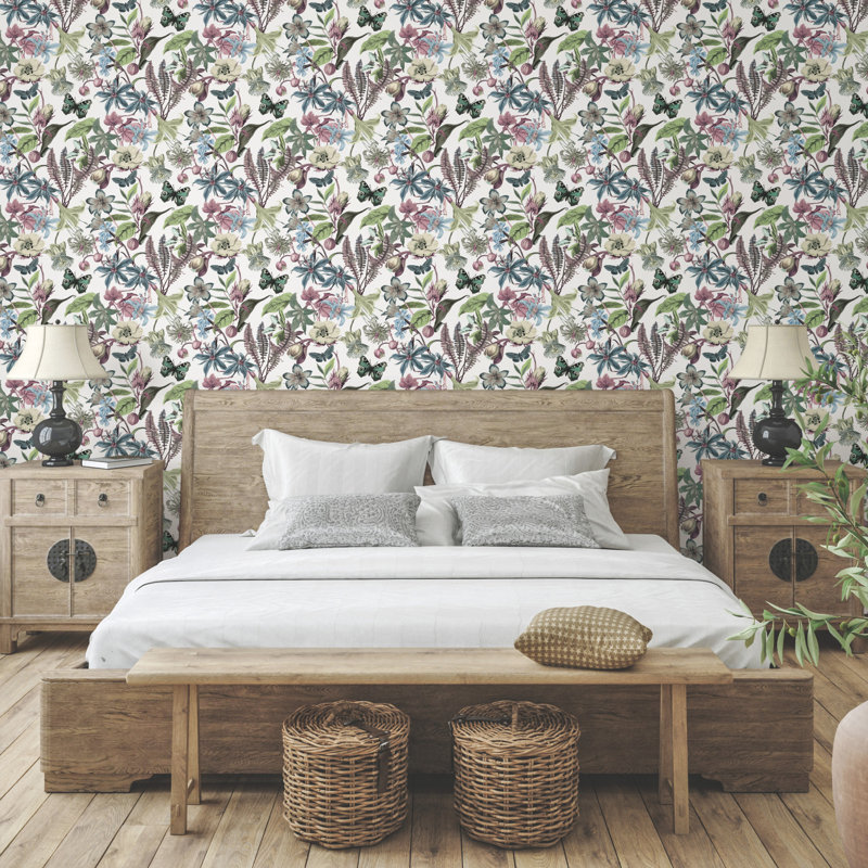 Floral Wallpaper Roll, White/Fuchsia