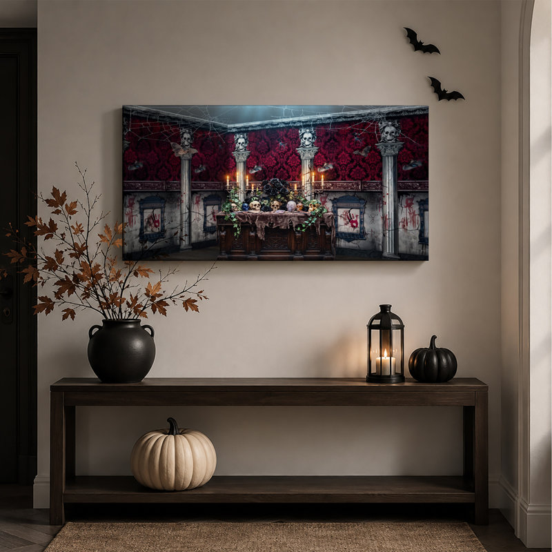 Autel gothique avec crânes et bougies sur toile rouge, décoration murale d'Halloween, 32“W x 16”H