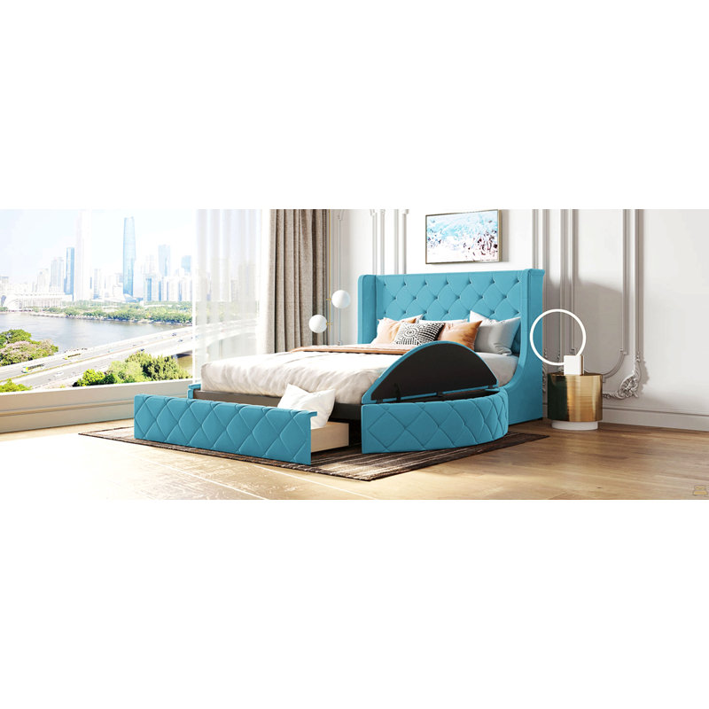 Lit plateforme tapissier grand avec rangement en velours avec tête de lit à oreilles et 1 grand tiroir, Bleu