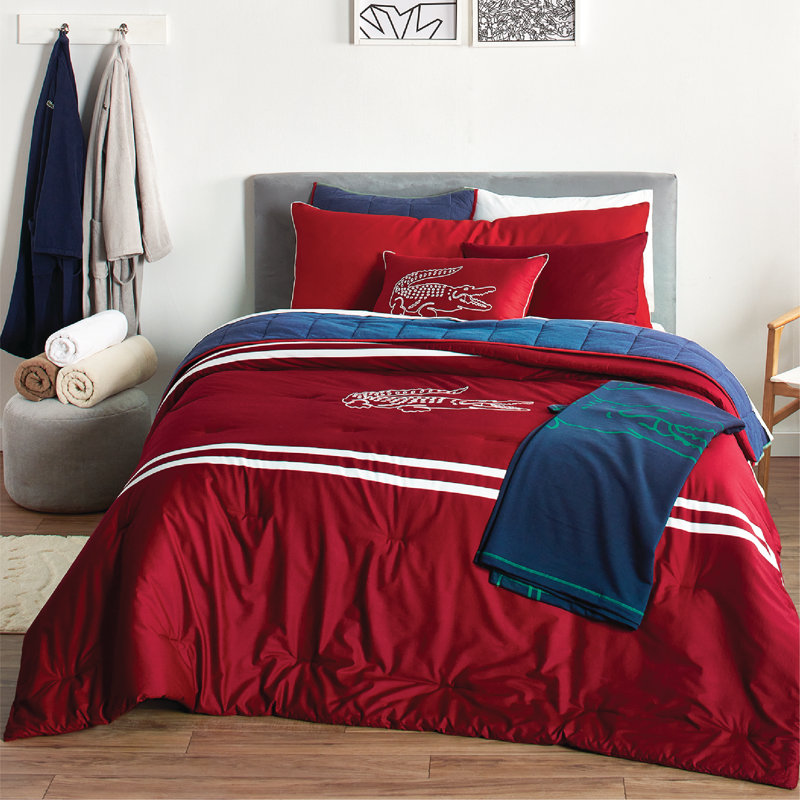 Lacoste Big Croc Cotton 3-Piece Comforter Set – Red, 100% Cotton Percale, Reversible Bedding Set with Embroidered Crocodile Shams, Red, Twin
