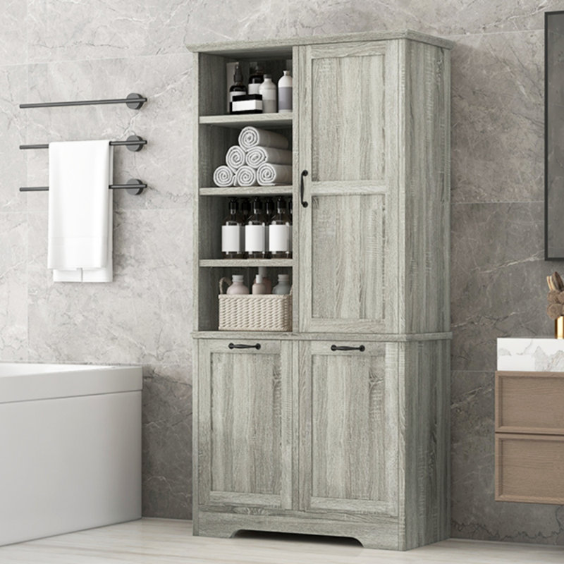 Armoire de rangement pour salle de bain avec portes et tiroirs, panier à linge inclinable, plusieurs espaces de rangement, style autoportant, tablette ouverte, tablette réglable