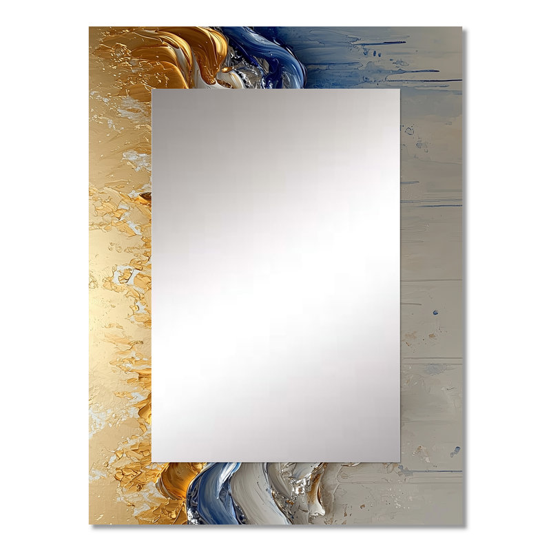 Rhythmic Golden Ink Waves Fusion I - Maze Decorative Wall Mirror, Gold Mirror, Printed Metal Art, 32" x 24"