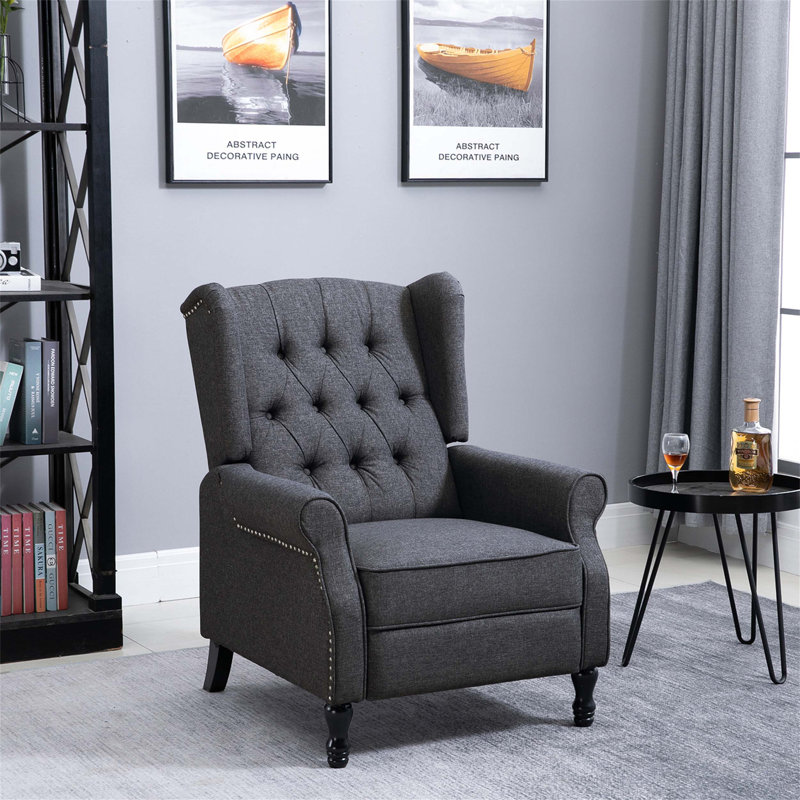 Fauteuil inclinable rembourré en tissu avec design capitonné, fonction de poussée, repose-pieds, accoudoir et coussin rembourré pour un confort ultime