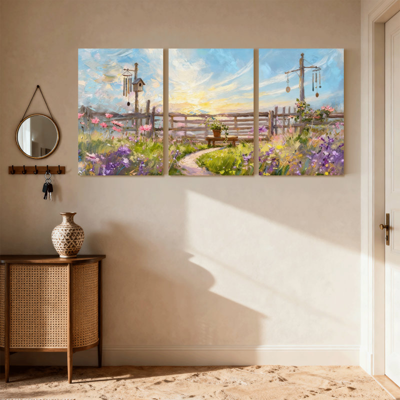 Assortiment de bouquets de jardin avec fleurs et clôture, ensemble de 3 impressions sur toile, H 30 po x l 60 po