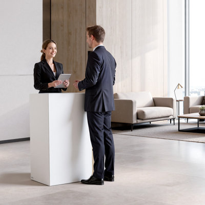 Reception Desk, 31.5 inch Rectangular Front Counter Table, Modern Office Reception Desk with LED Light, 2 Drawers & Power Outlets, Retail Counter Table for Checkout, Lobby, Beauty Salon, Office