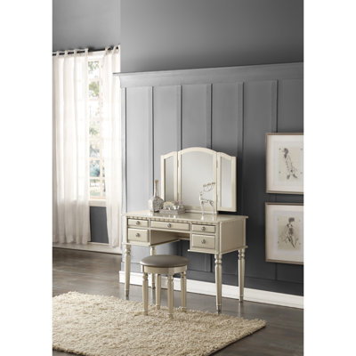 Meuble-lavabo de chambre contemporain - argent, miroir pliable, tabouret rembourré, tiroirs de rangement avec tiroirs
