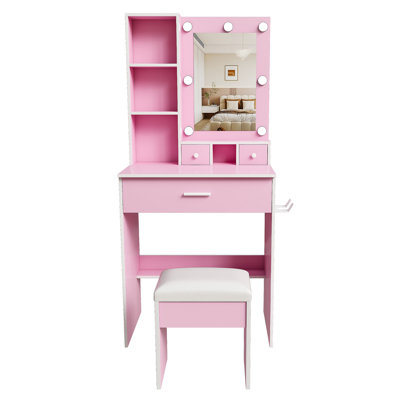 Table de coiffeuse avec miroir et lumières DEL réglables, prise de courant, support pour séchoir à cheveux et tabouret - coiffeuse compacte pour petites chambres