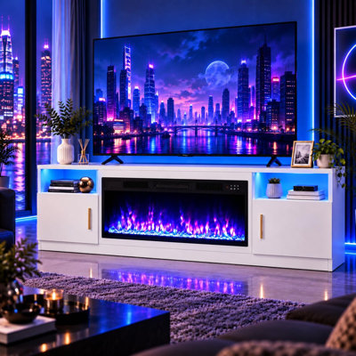 Meuble télé 80 po pour téléviseur de 85 po - foyer électrique 36 po, centre de divertissement grain de bois blanc avec lumières DEL RVB et colonnes en acier inoxydable