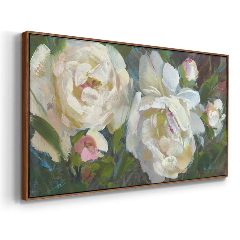 Duo de pivoines de jardin - Toile tendue avec châssis tendue, prête à être accrochée, H 21 po x l 41 po, Noyer