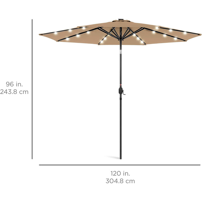 Parasol lumineux solaire à DEL avec ajustement de l'inclinaison 10 pi Shearer, tissu résistant aux rayons UV, Brun clair