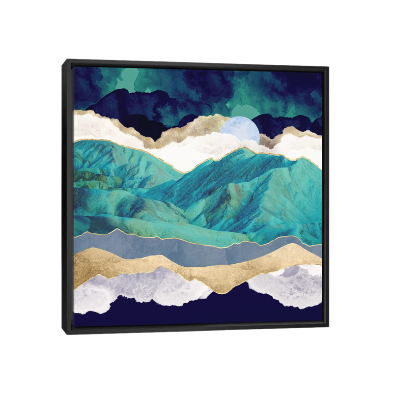 Montagnes bleu sarcelle - impression d'art graphique, Pas de tapis, H 18 po x l 18 po x 1,5 po, Toile avec cadre noir