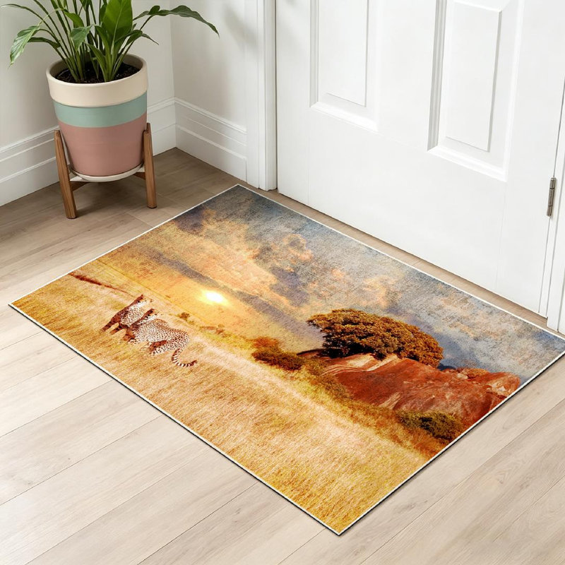 Tapis intérieur doré lavable à la machine, motif guépards dans la savane africaine, Rectangle 32 po x 47 po