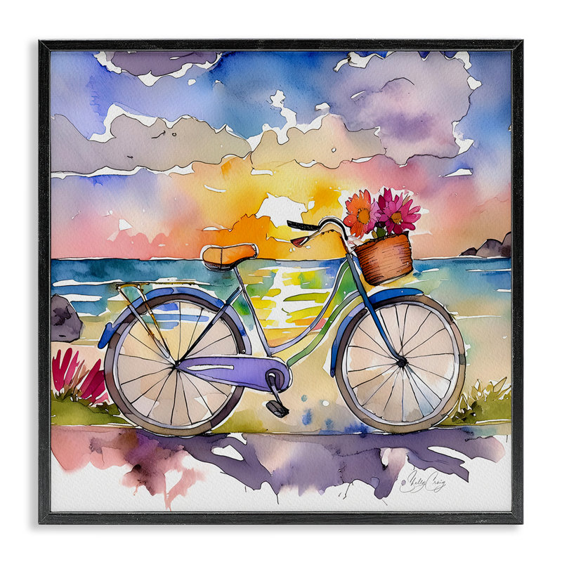 Vélo à bord de la mer, estampe numérique, design par Shelly Craig, H 17 po x l 17 po, Giclée noire de minuit encadrée