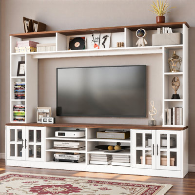 Entertainment Center With Bookshelves, Cabinets, Tempered Glass Doors, Adjustable Shelves And Management Holes