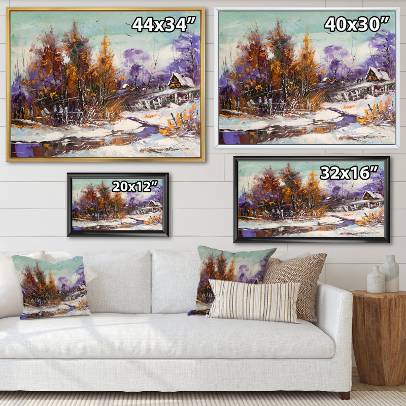 Petite rivière dans un paysage d'hiver - Peinture sur toile, H 16 po x l 32 po x P 1 po, Cadre flottant noir