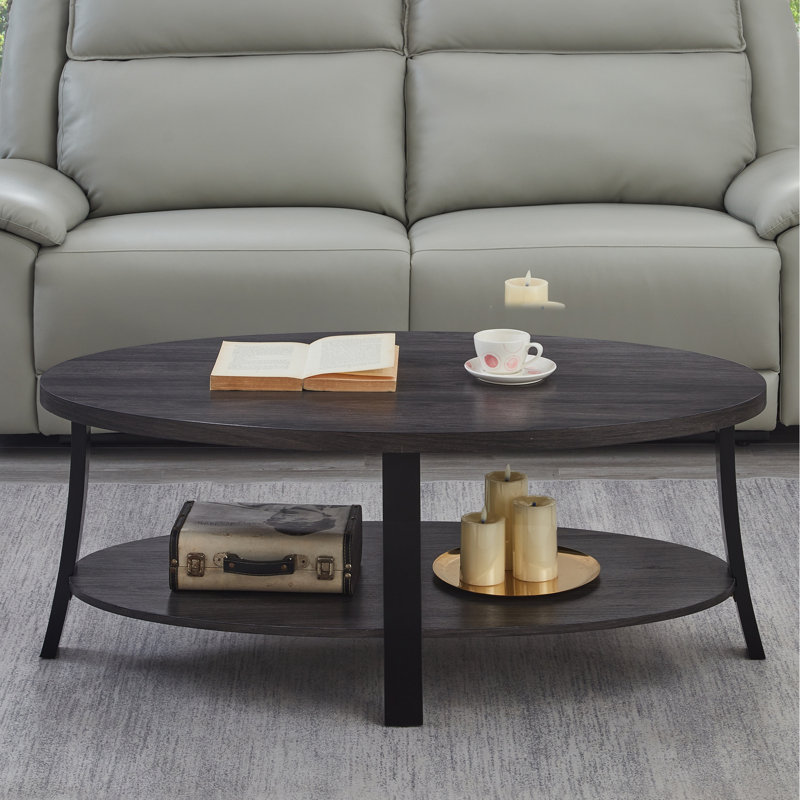 Élégante table basse ovale en bois blanche avec tablette de rangement supplémentaire, Gris anthracite