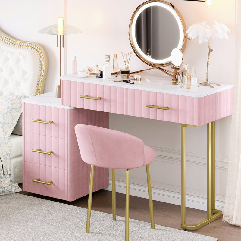 Pink Velvet Upholstered Vanity Desk With Chair And 5 Big Drawers, Sticker Top, Adjustable Left/Right Storage, Gold Metal Legs & Handles For Bedroom Makeup Upholstery, Drawer Setup, Surface, Padded