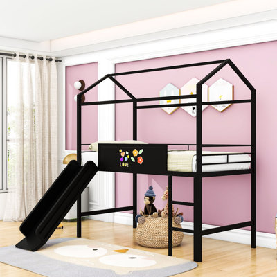 Lit mezzanine simple en métal avec glissoire et tableau d'écriture