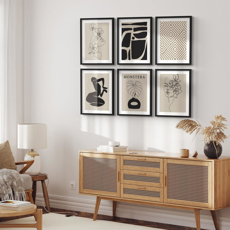Art mural encadré, ensemble de décors de galerie, noir et brun clair, femme fleur, Monstera, formes abstraites, illustrations modernes, décoratives nordiques pour le salon, la chambre à coucher, le bureau
