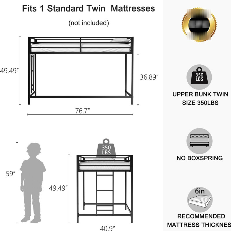 Junior Twin Loft Bed In Black - More Storage And Comfort Bedroom For Metal Construction With Guardrails, Noise, Easy , No Box Spring Required