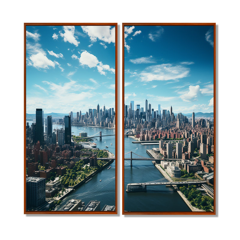 Cityscape of Nyc USA I - ensemble d'art mural industriel de 2, Impression encadrée flottante, 32" H x 32" W, Brown