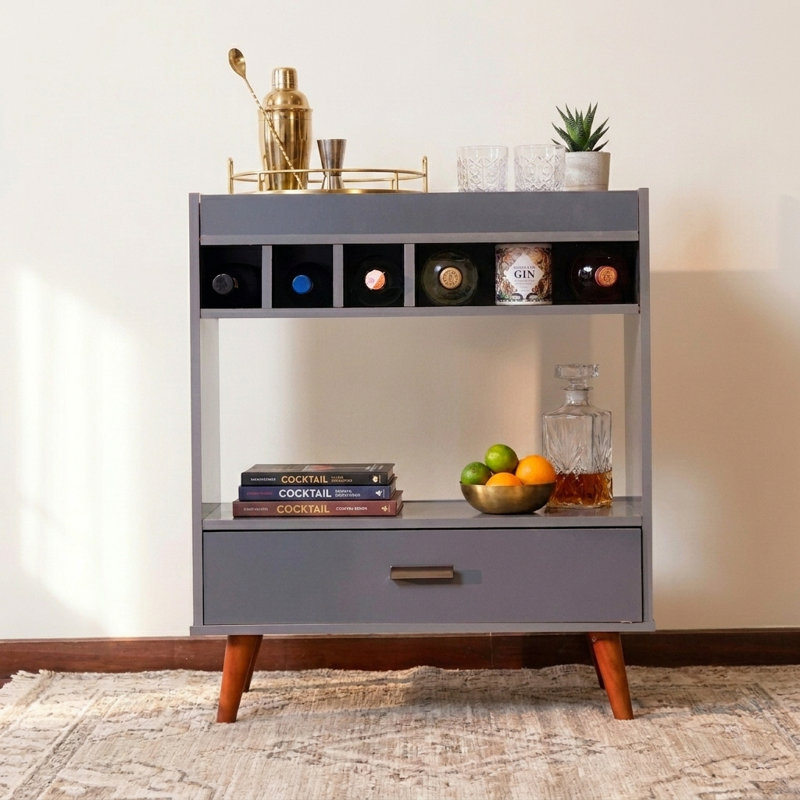 Boahaus Elara Coffee Bar Cabinet With Wine Rack And Drawer, Mid-Century Style, Gray