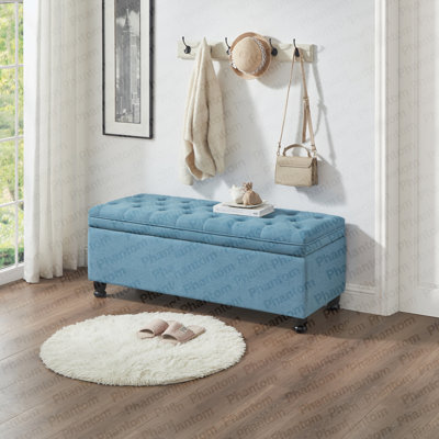 Banc de rangement rembourré capitonné à boutons, banc d'entrée en tissu de lin avec pieds en bois fuselés, banc de lit - bleu clair