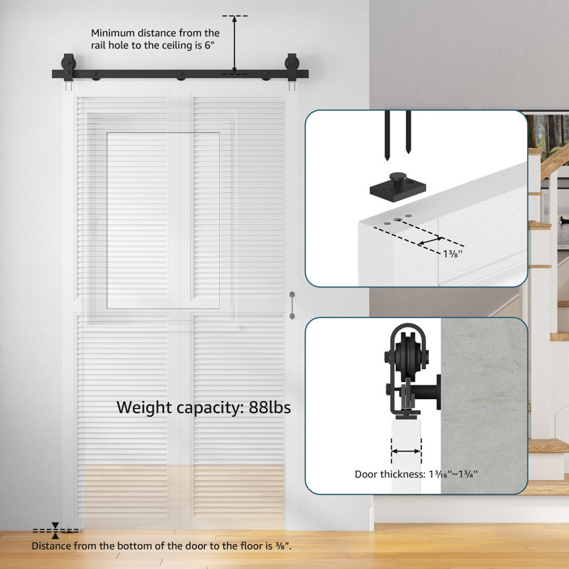 Ensemble de quincaillerie de porte de grange standard pliable pour deux portes (porte non incluse), support fixé au sommet