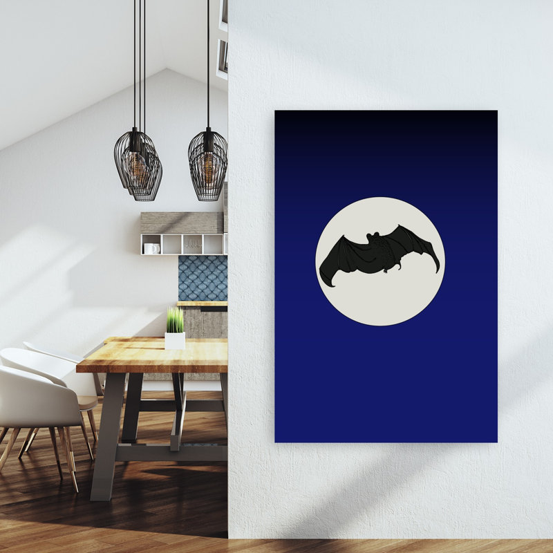 Chauve-souris sous la pleine lune - Illustration murale abstraite contemporaine représentant une chauve-souris dans un paysage faunique.