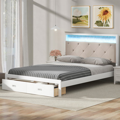 Wood Queen Size Platform Bed With Upholstered Headboard And LED And 2 Drawers -  STYLISH, OKKK612-GX002104AAK