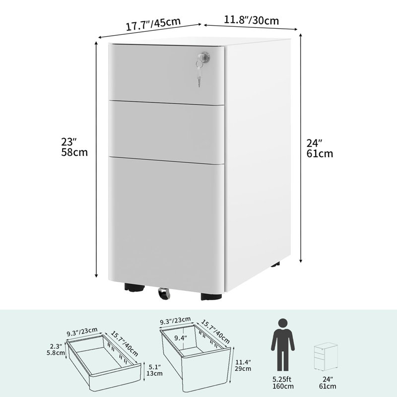 3 Drawer Filing Cabinet, White/Grey