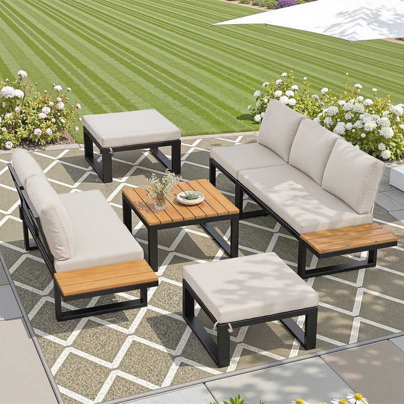 6-Piece Outdoor Lounge Set, L-Shaped Sofa With Coffee Table & Cushions, Beige