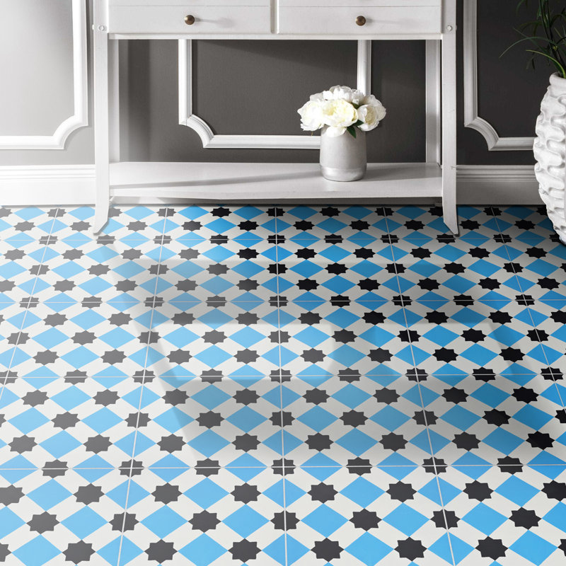 Ait Baha 8" x 8" Cement Patterned Wall & Floor Tile, Blue/Black