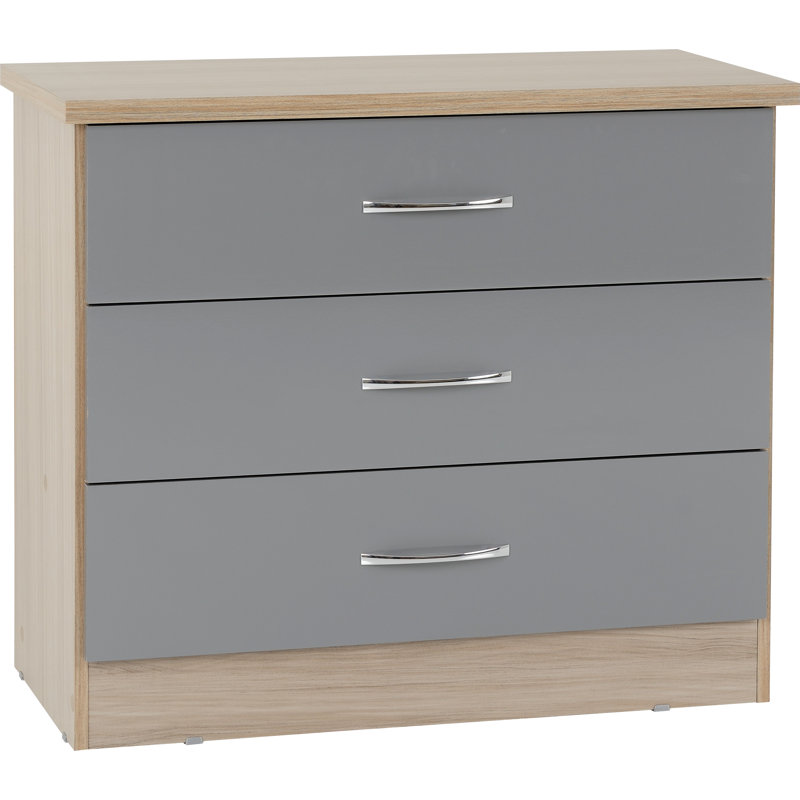 Cascio 3 Drawer Chest Of Drawers, Grey Gloss/Light Oak Effect Veneer