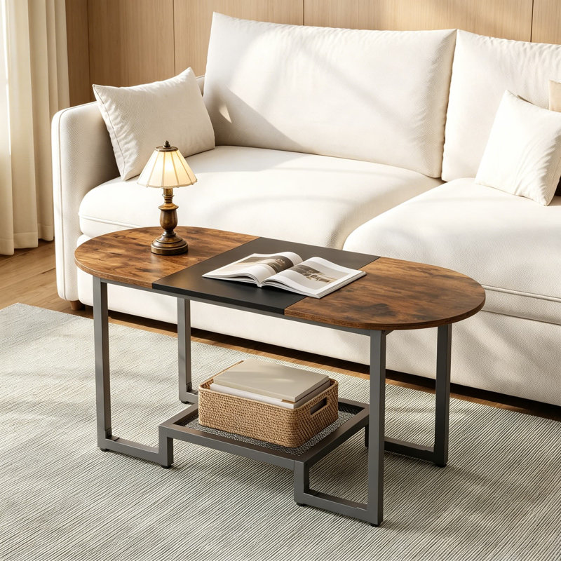 Table basse ovale avec tablette de rangement à 2 niveaux, table centrale étroite étroite pour petits espaces, cadre rustique brun et noir, design compact pour le salon, la chambre à coucher et le bureau
