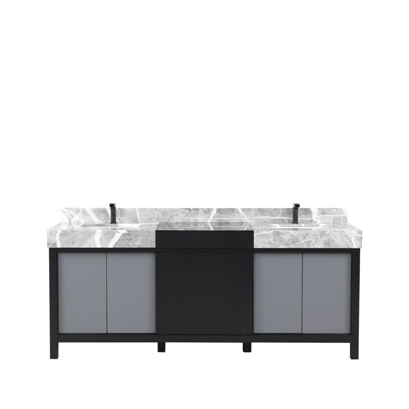 Ensemble de meuble-lavabo double avec plateau en marbre gris château et robinet en métal