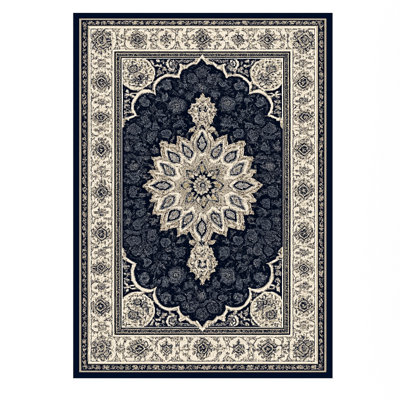 Tapis traditionnel perle 10 x 13 pi - bleu marine | Velours moelleux doux de 11 mm, résistant à la perte de poils, résistant aux taches, envers en jute | Tapis élégant pour le salon et la chambre à coucher