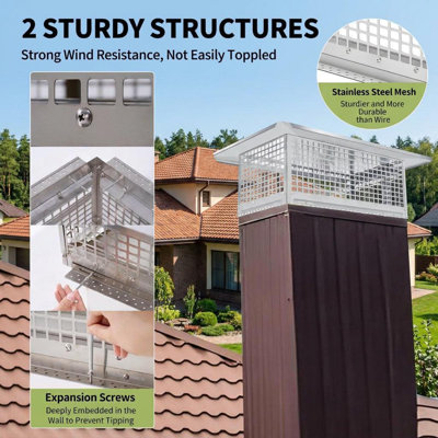 14 x 14 Inch Square 304 Stainless Steel Chimney Cap With Fine Mesh Screen, Spark Arrestor Rain Cover, Bird And Animal Guard With Adjustable Strap Mount For Clay And Brick Flues