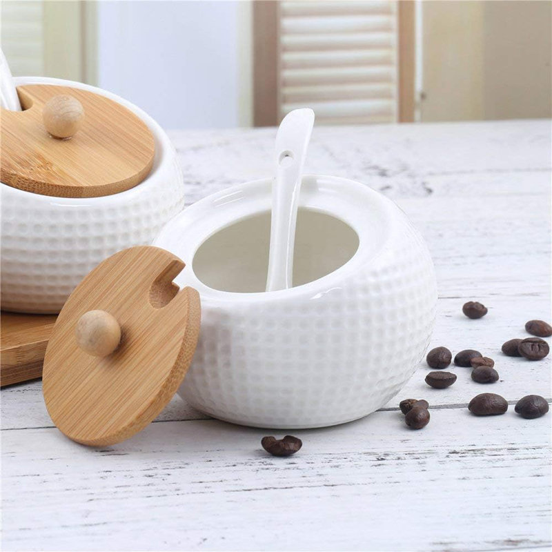 Porcelain Condiment Jar Spice Container With Lids - Bamboo Cap Holder Spot, Ceramic Serving Spoon, Wooden Tray Best Pottery Cruet Pot For Your Home, Kitchen, Counter. White,170 ML   Set Of 3