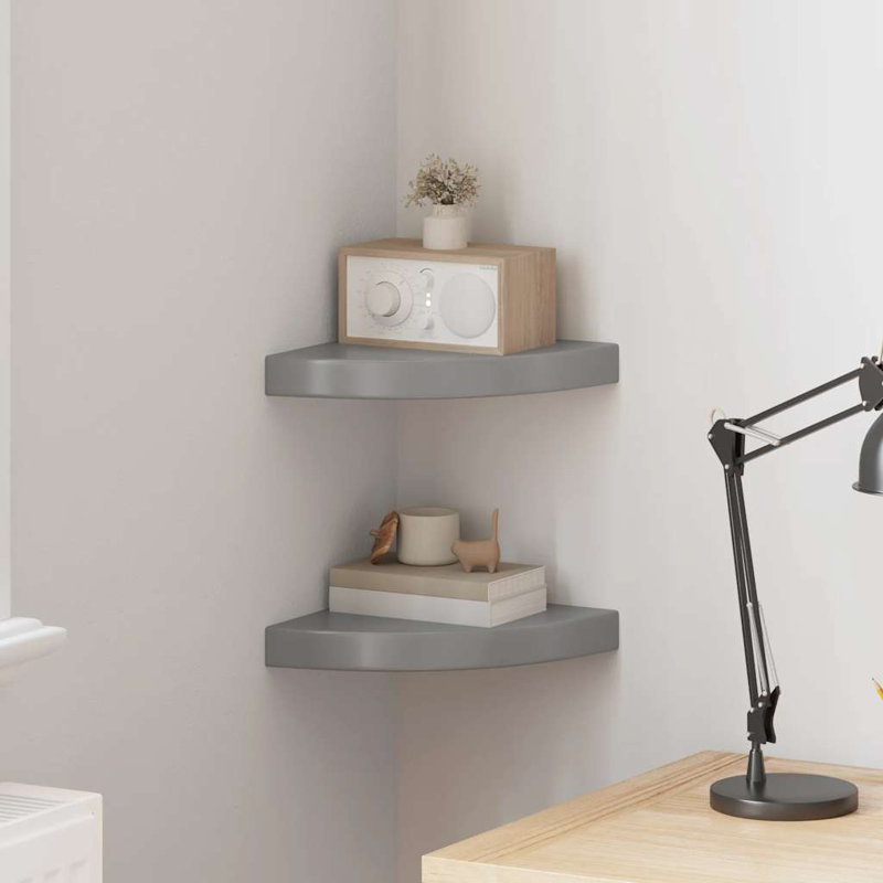 Tablette flottante triangulaire en bois massif 2 pièces Naudiya, H 1,5 po x l 9,8 po x P 9,8 po, Gris brillant