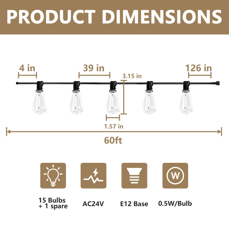 60ft Solar Powered Outdoor String Lights With Remote And 15+1 Shatterproof Led Bulbs, Waterproof, Warm White, Usb Rechargeable