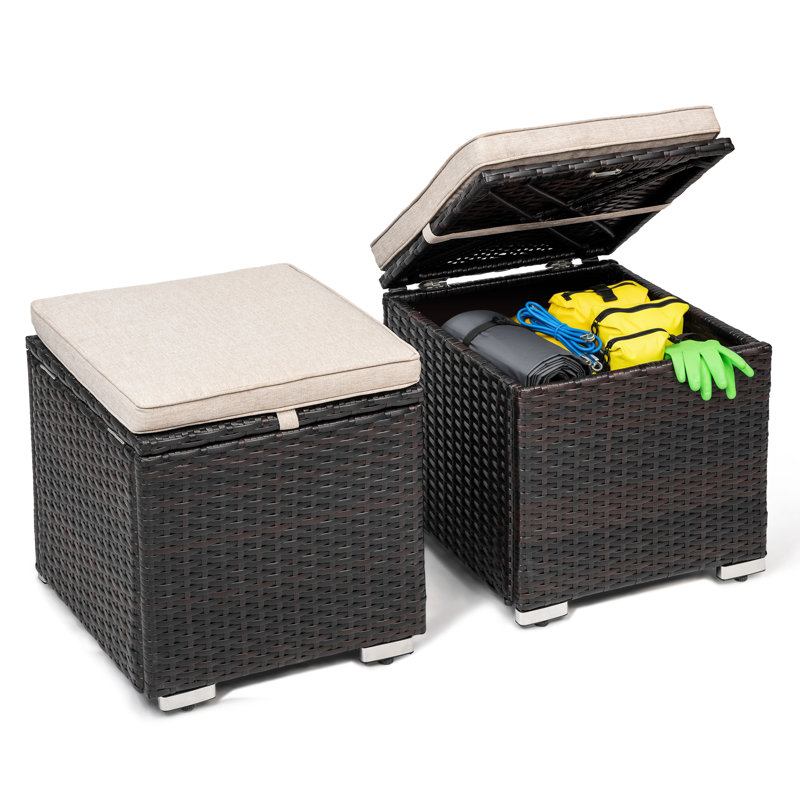 2-Piece Patio Ottomans with Detachable Cushions, Hidden Storage