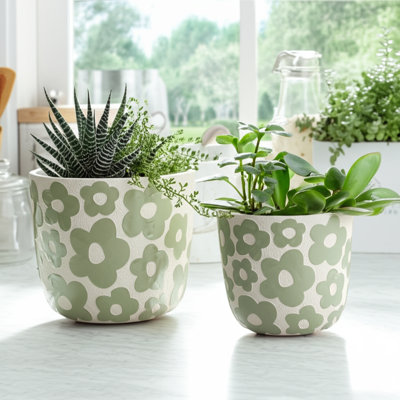Pottery and Cement Planters with Decorative Design - Durable Indoor/Outdoor Plant Pots - Modern Flower Containers - Set of 2