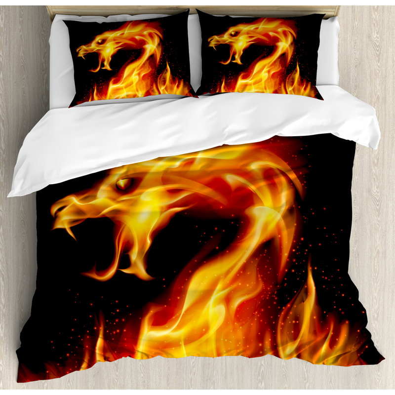 Fiery Dragon Black and Orange Microfiber Queen Duvet Set