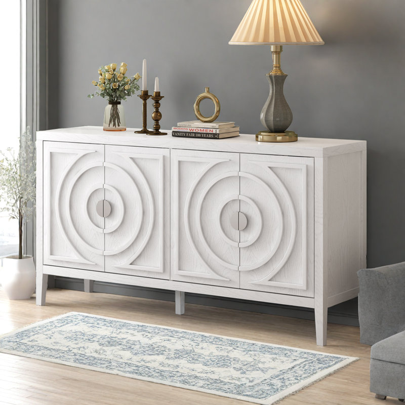 Floyds 60" W Retro Sideboard door with Circular Groove Design,Dining cabinet,Buffet table, White