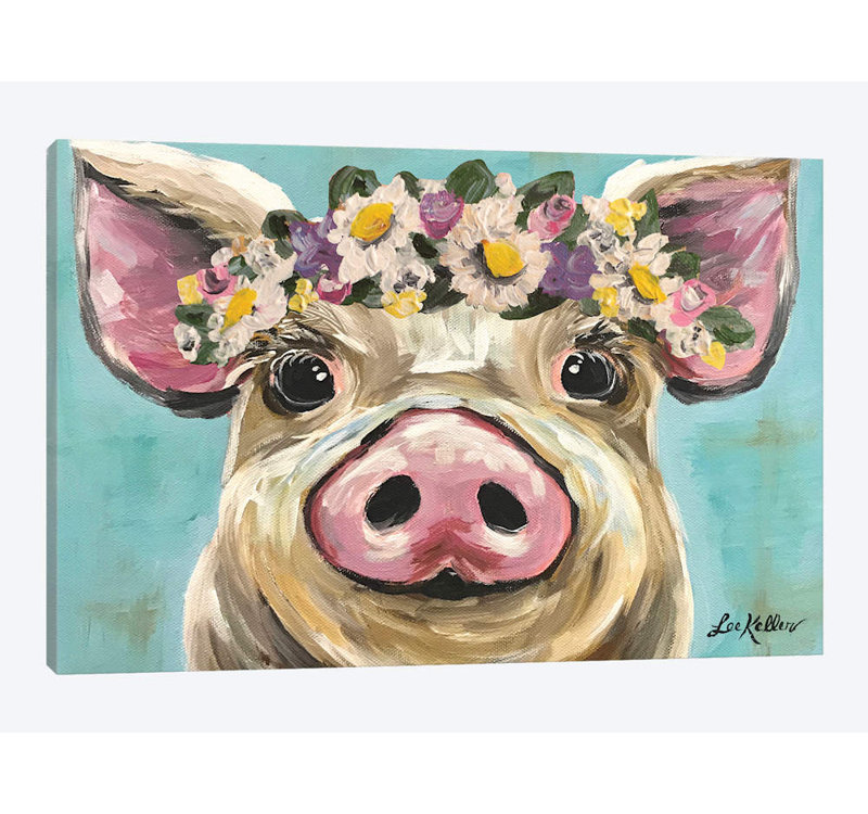 « porc avec fleur couronne sur turquoise » par hippie hound studios, impression sur toile tendue, Toile tendue, Pas de tapis