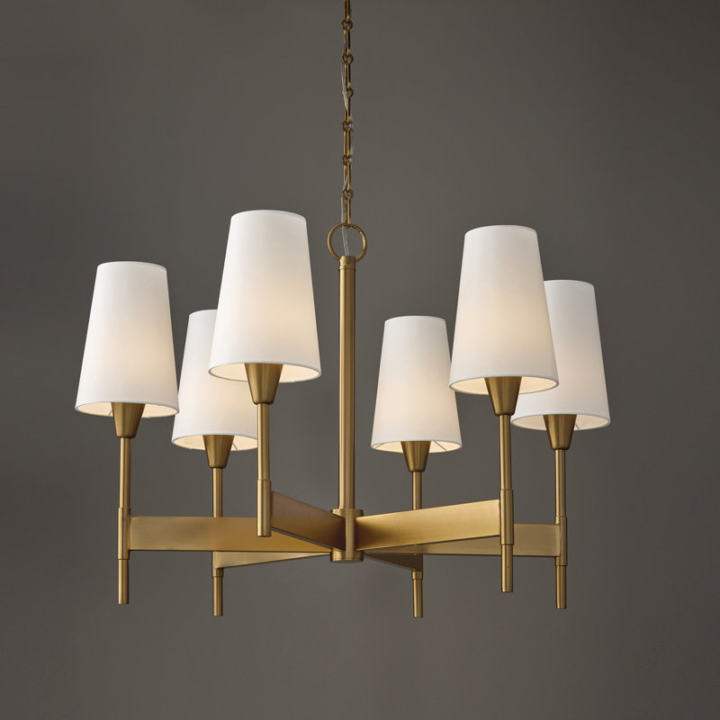 32" W x 22.75" H 6-Light Chandelier in Aged Brass with White Fabric Shades and Designer Canopy, 32"W x 22.75"H, 6